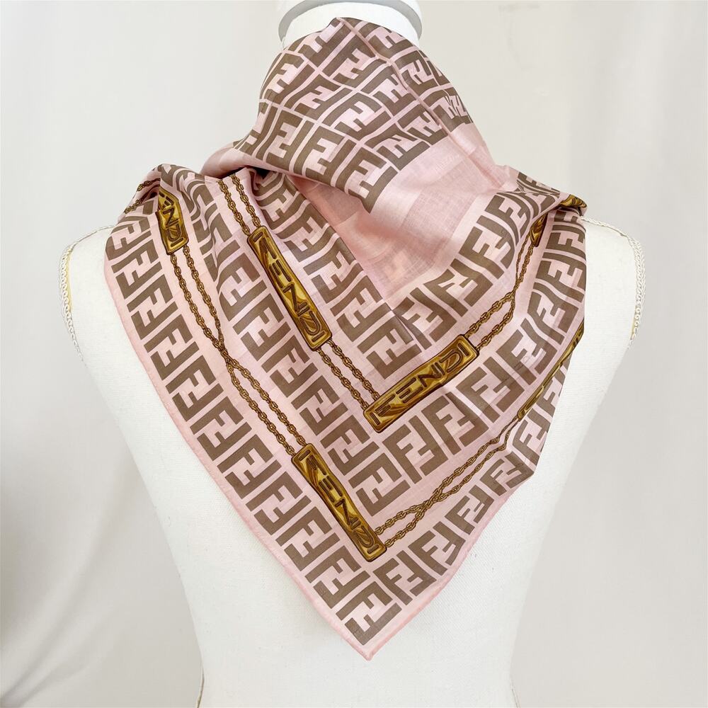 FENDI Scarf Signature Zucca Monogram Pattern Pink Brown Silk Cotton New